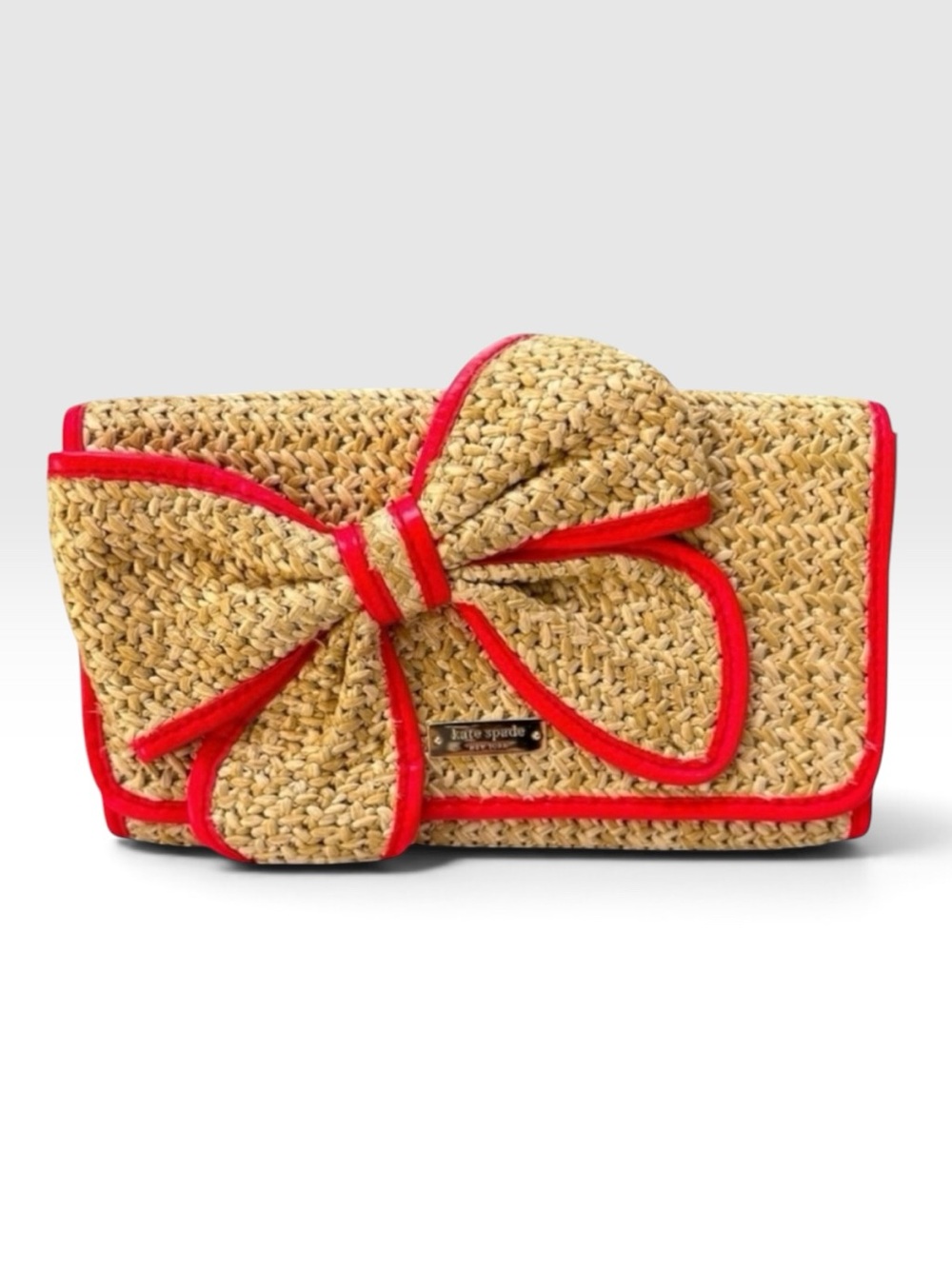 Kate Spade Belle Place Viv Raffia Clutch Fuchsia Trim 14K Hardware Retired